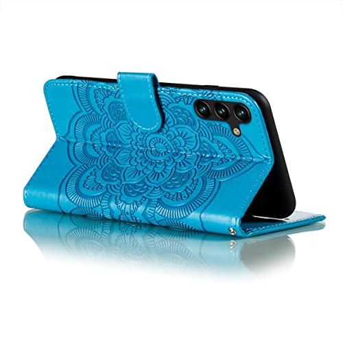 EYZUTAK Case for Samsung Galaxy A15 4G/5G, Premium Leather Magnetic Closure Flip Wallet Phone Case with Card Holder Cash Slot Stand Function Embossed Mandala Flower Slim Shockproof Lanyard Cover -Blue - color: Blue, size: Samsung Galaxy A15 4G/5G