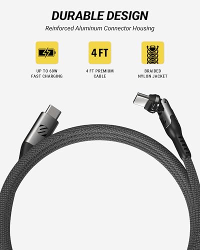 Scosche PowerPivot 60W Fast Charging USB-C to USB-C Cable, 4FT Braided Charger Cord with 360° Pivoting Connector Compatible with iPhone 17/16, iPad, Samsung Galaxy, MacBook & More, Black