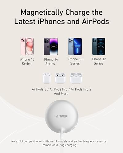 Anker MagSafe Charger Pad Compatible, MagGo iPhone 16 Wireless Charging Pad, Qi2 Certified 15W Wireless Charger for iPhone 16/16 Plus/16 Pro/16 Pro Max/15/14/13/12 Series (White, No Adapter)