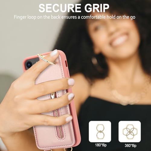 Crossbody Wallet Case for iPhone 7/8/SE 2020/SE 2022, Pink | Card Slots, Zipper Pocket, Flip Folio Purse, RFID Blocking, Ring Kickstand with Detachable Strap - color: Pink, size: iPhone 7/8/SE 2020/SE 2022 (4.7")