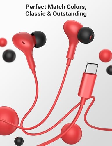USB C Earbuds with Microphone Cute in Ear Wired Headphone - color: Red Black