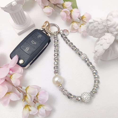 Cute Phone Wrist Strap Chic Beaded Cellphone Lanyard Phone Charm Grip Strap - color: Glitter Grey