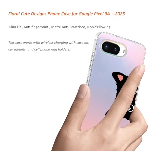 for Google Pixel 9a Case 2025: (Cat Ear) | Slim Clear Matte, Cute Flowers Floral Design, for Girls Women, Rugged TPU Bumper, Shockproof Silicone Cell Phone Cover - color: Cat Ear