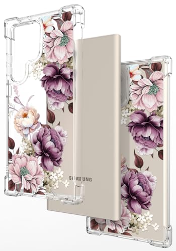 Hungo Galaxy S24 Ultra Case for Women Floral Flower Clear Design Cute,Girly Girls Flower Case Compatible with Samsung Galaxy S24 Ultra Pink Rose - color: Purple Roses