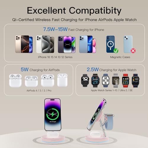 3 in 1 Mag-Safe Wireless Charger Stand for iPhone Apple Watch AirPods - color: Pink