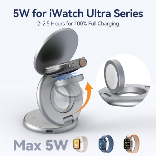 KU XIU X63 3 in 1 Charging Station for Apple, Aluminum Alloy Foldable Magnetic Wireless Charger, Travel Charger for iPhone 16/15/14/13/12 Series, Apple Watch& AirPods(with 20W Adapter)-Silver - color: Silver