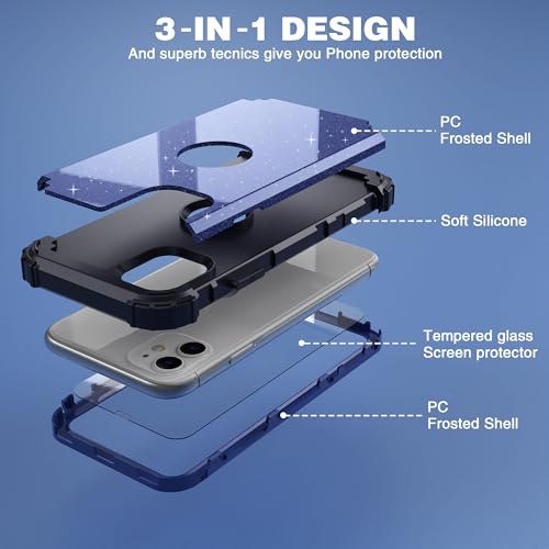 IDweel for iPhone 11 Case with Screen Protector for Men, Luxury Hybrid 3 in 1 Shockproof Slim Fit Heavy Duty Protection Hard PC Cover Soft Silicone Bumper Full Body Case,Glitter Blue Black - color: Glitter Blue Black