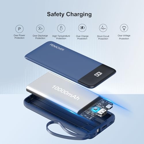 Portable Charger Built-in Cables,10000mAh Fast Charge Power Bank for iPhone - color: Navy