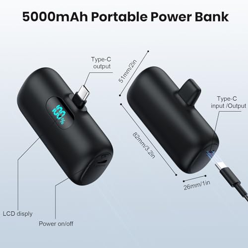 Mini Portable Charger USB C Power Bank,Upgraded 5000mAh PD Fast Charging Battery Pack Built-in USB-C Connector Travel Essential for iPhone17/17Pro/17Pro Max/Air/16 Plus/16Pro Max/15 Series,Android etc