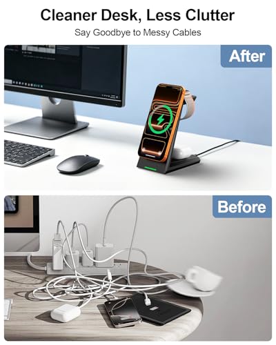 3 in 1 Magnetic Wireless Charging Station - 15W Fast Charging for iPhone 18 Pro Max/17/16/15/14/13/12, Compatible with MagSafe, for Apple Watch & AirPods, Auto-Dimming Indicator, Includes 30W Adapter - color: Black