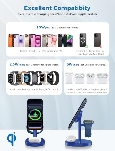 Mag-Safe Charger 3 in 1 Charging Station for iPhone Apple Watch AirPods - color: Blue, size: 15W