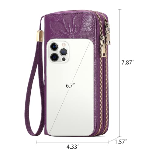 GAEKEAO RFID Leather Wristlet Wallet for Women with Grip Strap | Large capacity clutch wallet, credit card holder, wrist strap, zipper purse, travel and shopping - color: A11 Embossed Purple