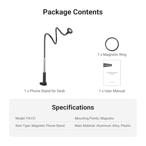 NEEWER Basics Magnetic Phone Stand for Desk, 360° Overhead Table Cellphone Holder Clamp Mount with Flexible Arm, Compatible with MagSafe iPhone Android Samsung for Bed Video Recording, PA151 Black
