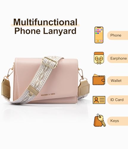 TiMOVO Clip and Go Phone Strap Crossbody with Leather Wallet, Adjustable Anti-Theft Lanyard with Pouch for Most Phone Case - color: Khaki + Beige