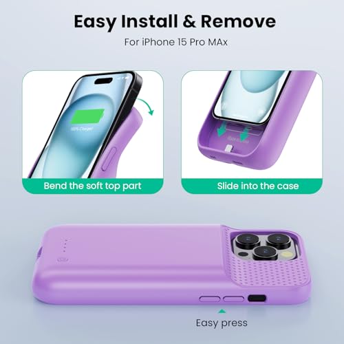 Battery Case for iPhone 15 Pro Max,Powerful 8600mah Ultra-Slim Protective Charging Case,15W Fast Charging Portable Rechargeable Expandable Battery Charger Cover for iPhone 15 Pro Max(6.7inch)-Purple - color: Purple