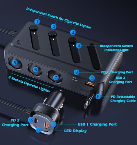 LIHAN Cigarette Lighter Splitter Adapter,Retractable 45W Cable,5 USB Ports - size: C29S