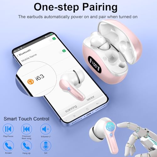 Wireless Earbuds, 2026 Bluetooth 5.4 Headphones Bass Stereo, Ear Buds with 4 Mics ENC Noise Cancelling, Bluetooth Earbuds 48H Playtime LED Display Pink - color: Deep Pink