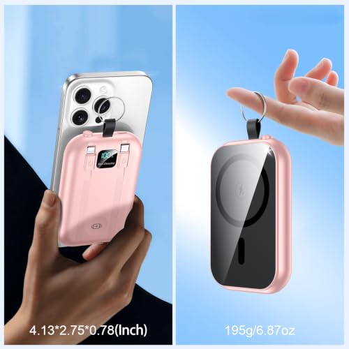 Magnetic Portable Charger 10000mAh Wireless Power Bank with Built-in Cables - color: pink
