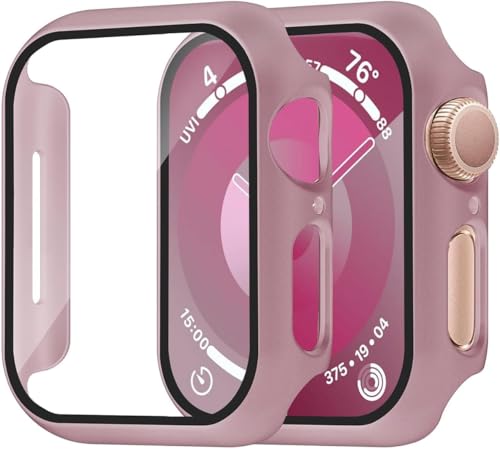 Smiling 2 Pack Case Compatible with Apple Watch Series 9/8/7 41mm with Tempered Glass Screen Protector, Hard PC Case Overall Protective Cover- 1 Rose Gold + 1 Transparent - color: Rose Gold + Transparent, size: 41mm
