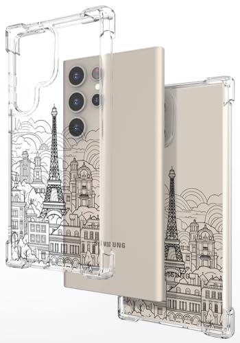 Hungo Galaxy S24 Ultra Case for Women Clear Design Cute,Girly Girls Case Compatible with Samsung Galaxy S24 Ultra Eiffel Tower Paris Cityscape Clouds Buildings Skyline City Tour - color: Cityscape
