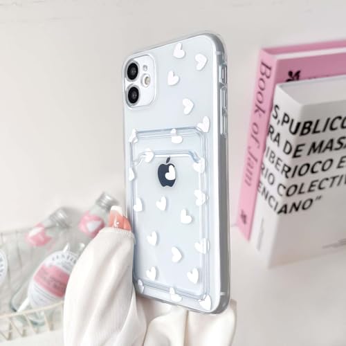 NITITOP Compatible with iPhone 12 Case Clear with Card Holder Cute White Love Heart Pattern Design Design Soft TPU Shock-Absorbing Wallet Case Protective Cover - White - color: White, size: iPhone 12