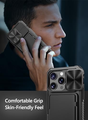 Vihibii for iPhone 15 Pro Case Wallet with Card Holder (4 Cards), Black | Slide Camera Cover, Kickstand, Military Grade Drop Protection, Rugged Hard Back, Silicone Edge Wallet Phone Case, 2023, Black - color: Black, size: iPhone 15 Pro