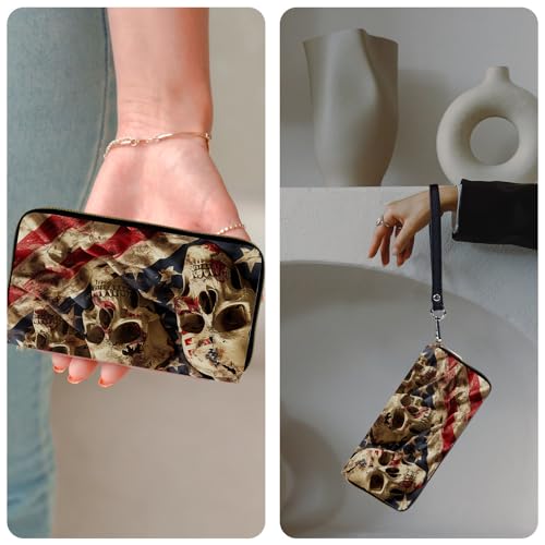Ladies Wallet,Clutch Purses for Women Wallets Leather Credit Card Holder for Women Wristlet Slim Small Cute with Zipper,Thin RFID Blocking with Wrist Strap,American Flag Skull - color: American Flag Skull