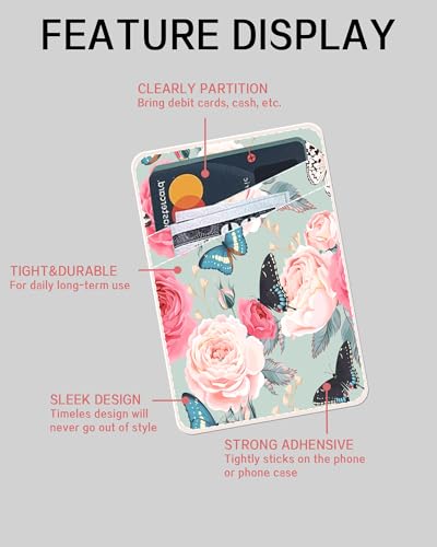Dual Pocket Leather Phone Wallet Adhesive Stick On, Cute Card Holder for Credit Cards, Compatible with Most Phones - Cute Rose Butterfly - color: Cute Rose Butterfly