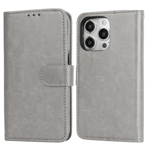Bocasal Detachable Wallet Case Card Holder for iPhone 15 Pro, Grey | RFID Blocking Kickstand Card Slots Holder PU Leather Magnetic Shockproof Wrist Strap Removable Flip Protective Cover 6.1 inch - color: Gray