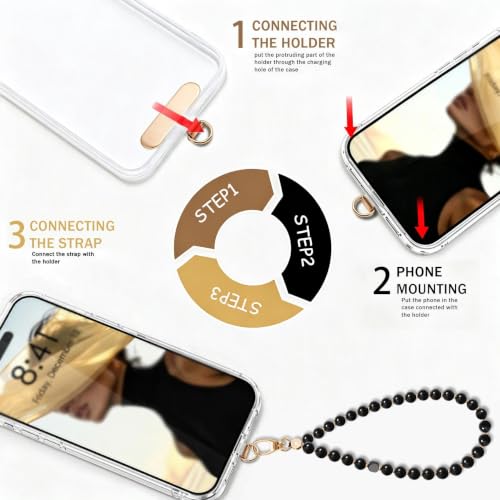 Food-Grade Silicone Phone Wrist Strap with Tether Tab/Clip, Sparkling Bead Phone Lanyard/Phone Charm - color: Black