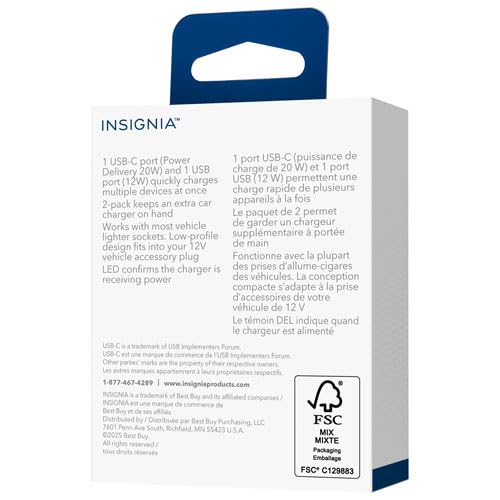 INSIGNIA USB Cables, 20Gbps High-Speed Charging & Data Sync, Braided Nylon, Compatible with MacBook, Laptop, iPhone, iPad, Android (Accessories, 32W Dual USB-C/USB-A Car Accessory (2 Pack)) - color: 32W Dual USB-C/USB-A Car Accessory (2 Pack), style: Acce