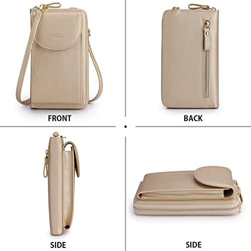 S-ZONE Small Crossbody Bags for Women Phone Purse RFID Blocking Wallet | Card Slots, Vegan Leather, Anti-theft, Multi Pockets, Detachable Adjustable Strap, Travel Eveyday Outing - color: Metallic Gold