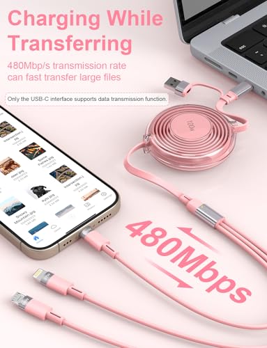 3-in-1 Retractable Multi Charging Cable, 100W Fast Charging USB-C/A to Lightning/USB-C/Micro USB for iPhone 16, 15, 14 Pro Max, Samsung Galaxy, Kindle, Travel Charger for Multiple Devices (Pink)
