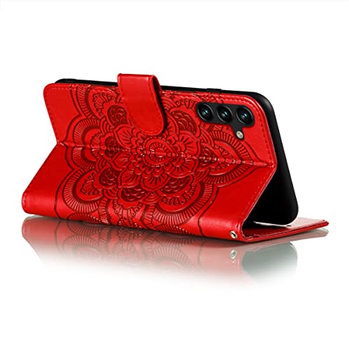 EYZUTAK Case for Samsung Galaxy A15 4G/5G, Premium Leather Magnetic Closure Flip Wallet Phone Case with Card Holder Cash Slot Stand Function Embossed Mandala Flower Slim Shockproof Lanyard Cover - Red - color: Red, size: Samsung Galaxy A15 4G/5G
