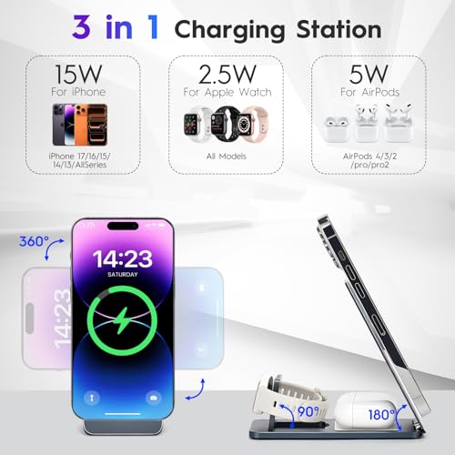 3-in-1 Wireless Charging Station, Foldable Magnetic Charger Stand Compatible with iPhone, Apple Watch, Apple Earphone, 15W Fast Charging, Portable Travel Dock