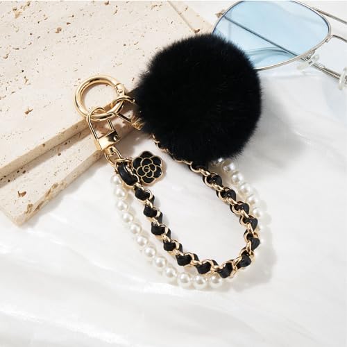 WOZEAH Phone Charm for Women, Beaded Wrist Strap Lanyard with Tether Tab – Detachable Phone Chain Wristlet - color: Black Pompom