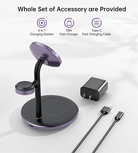 3 in 1 Magnetic Wireless Charging Station for Apple Devices,15W for Magsafe - color: Dark Purple