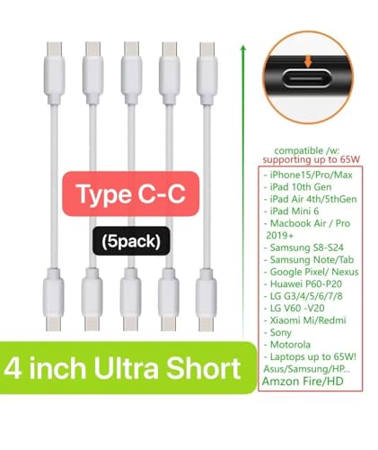 4-inch USB C-C Cables, 5 Pack, for iPhone15/iPad 10th Gen/iPad mini 6th, iPadAir 4th/5th, Samsung Galaxy S24/S23/S22/S21/S20/S10/S9/S8, Tablets, etc. (White, 4-inch) - color: White