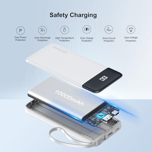 Portable Charger Built-in Cables,10000mAh Fast Charge Power Bank for iPhone - color: White