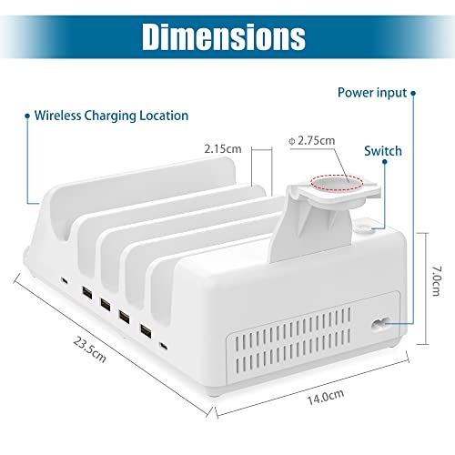AGVEE 140W 7in1 Multi USB Charging Station Organizer Family Block Hub with Multi Cables, 3 Wireless Charger Dock for Pad Phone Cell Phone Android Tablet Multiple Devices, White