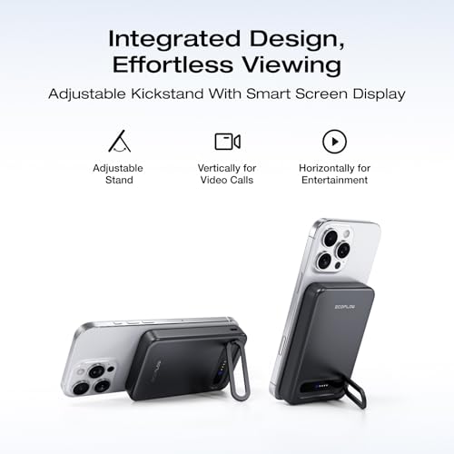 EF ECOFLOW Rapid Mag Power Bank, Qi2 Certified 15W Ultra-Fast MagSafe-Compatible Portable Charger, 10,000mAh Magnetic Power Charger with Foldable Stand, for iPhone 17/16/15. - color: Black