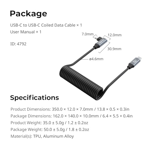 SMALLRIG USB-C to USB-C Coiled Data Cable (Straight to Angled) - 4792 - size: 1.15-3.28 ft, style: Straight to Angled Coiled