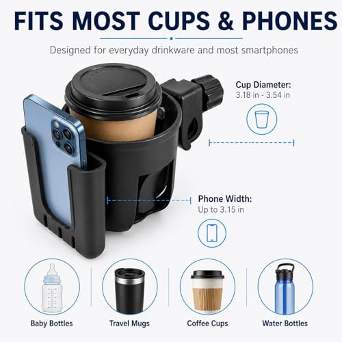 2 in 1 Universal Cup Holder with Phone Mount Tool-Free Clamp On for Stroller Walker Wheelchair Bike Scooter 360 Degree Rotatable Black - color: Black