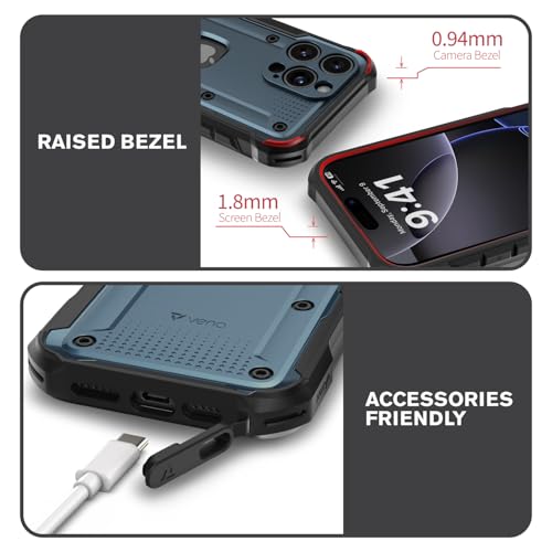 VENA vArmor for iPhone 16 Pro Max Rugged Case, Blue | Military-Grade Drop Protection, Heavy Duty, Belt Clip Holster, Kickstand, Magsafe Compatible - color: Slate Blue/Black