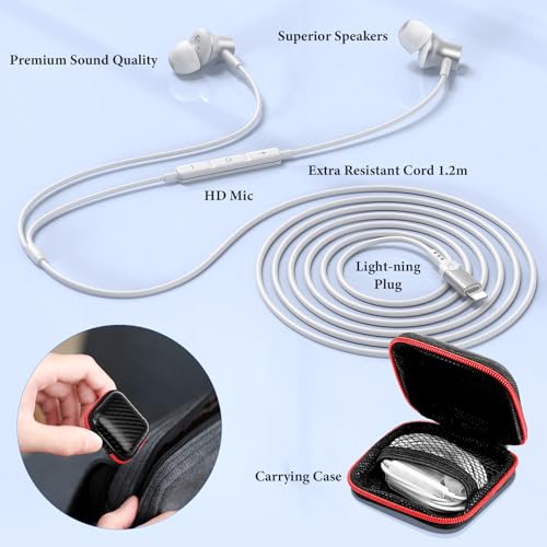 ACANDYA MFi-Certified Wired Headphones for Apple iPhone 14 13 Pro XR Silver - color: Silver