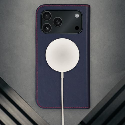 TORRO Leather Case Compatible with iPhone 17 Pro 6.3" 2025 - Premium Leather Wallet Flip Case with Kickstand and Card Slots (Compatible with Official MagSafe Chargers) - Navy Blue - color: Navy Blue with Red Detail, size: iPhone 17 Pro