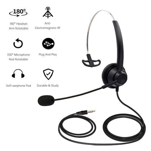 Wired Computer Headset with Microphone, Single Sided Headphone, Wired Headset with Boom Microphone Suitable for Telephone Operator Computer