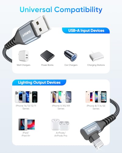 SUNGUY USB-A to Lightning Cable Right Angle 6.6FT 2-Pack, USB to Lightning iPhone Charger Cord 90 Degree Nylon Braided Compatible with iPhone 14/13/12/11 Pro Max Mini X XS XR 8 SE iPad9/mini - size: 6.6FT