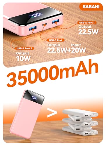 SABANI Portable Charger 35000mAh Power Bank, 4 Built in Cable Big Capacity - color: Bubblegum