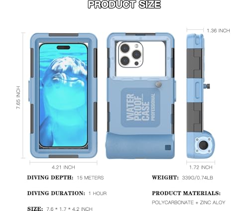 Underwater Diving Snorkeling Phone Case, Waterproof for iPhone/Samsung Blue | Universal Scuba Photo Video Housing, 15M/50ft Depth for 4.7–6.9" phones, one-touch Shooting, Blue - color: Blue